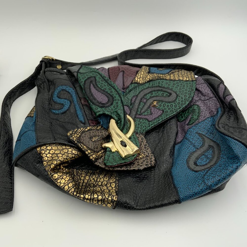 Rare Vintage Genuine Leather Patchwork Grenouille Shoulder Bag Black Multi